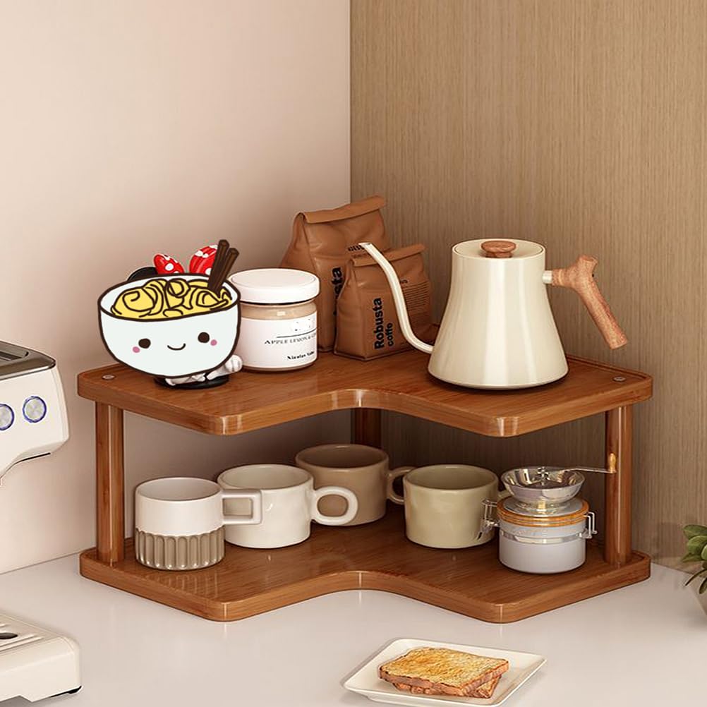 Dreamhousey 2-tier Kitchen countertop corner spice rack, household Cupboard Cabinet coffee mug Cup storage shelf condiment seasoning organizer, desktop wood bookshelf bookcase (2-tier)