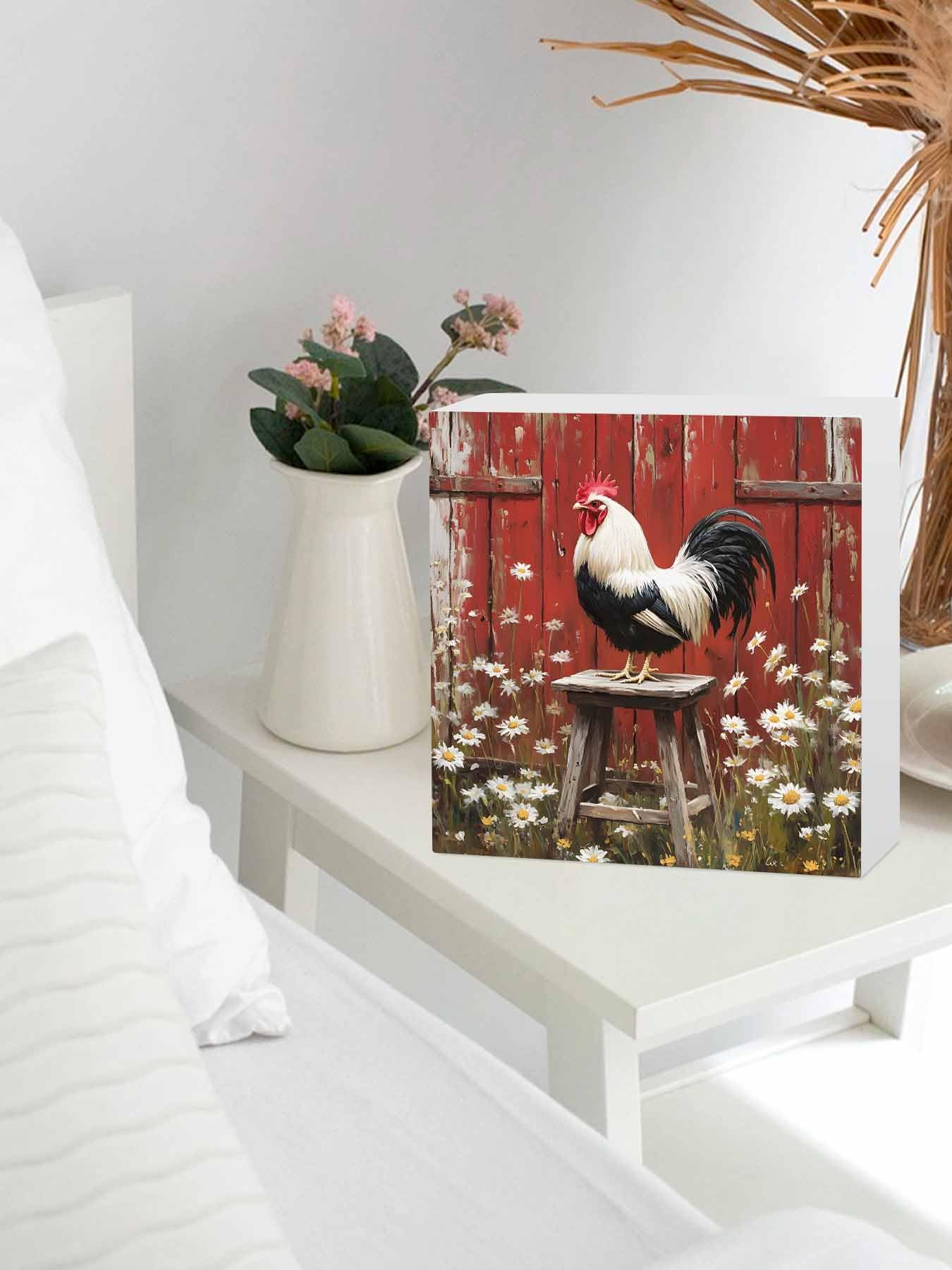 Wood Box Sign Desk Decor, Rustic Farmhouse Rustic Red Barn Rooster Wildflowers Decorative Wooden Block Box Sign Decorations for Home Office Shelf Table Decor 6x6 Inches