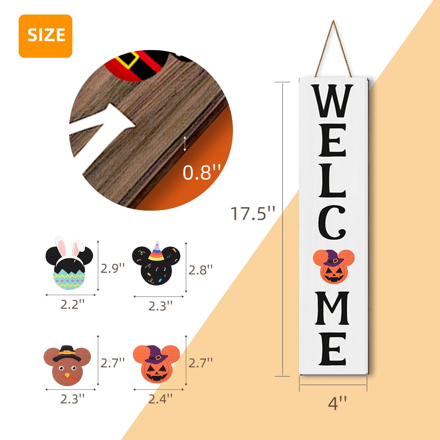 FUEMEILY 15.7'' Cute Mouse Seasonal Interchangeable Home Sign for Front Porch,18pcs Interchangeable Hanging Vertical Welcome Door Sign for Farmhouse/Wall/Porch Decor and Housewarming Gift
