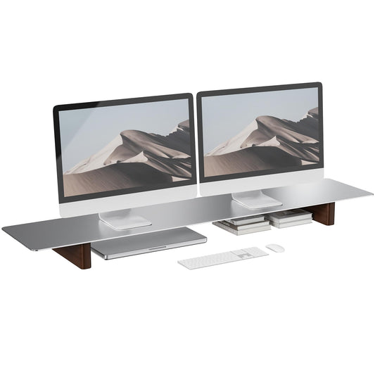 CHENOMiNL Aluminum Dual Monitor Stand Riser, Ergonomic Desktop Shelf with Wooden Legs - 42.5” Wide Heavy Duty Computer Stand for Home Office, Desktop Monitor Riser for PC, iMac, MacBook, Laptop