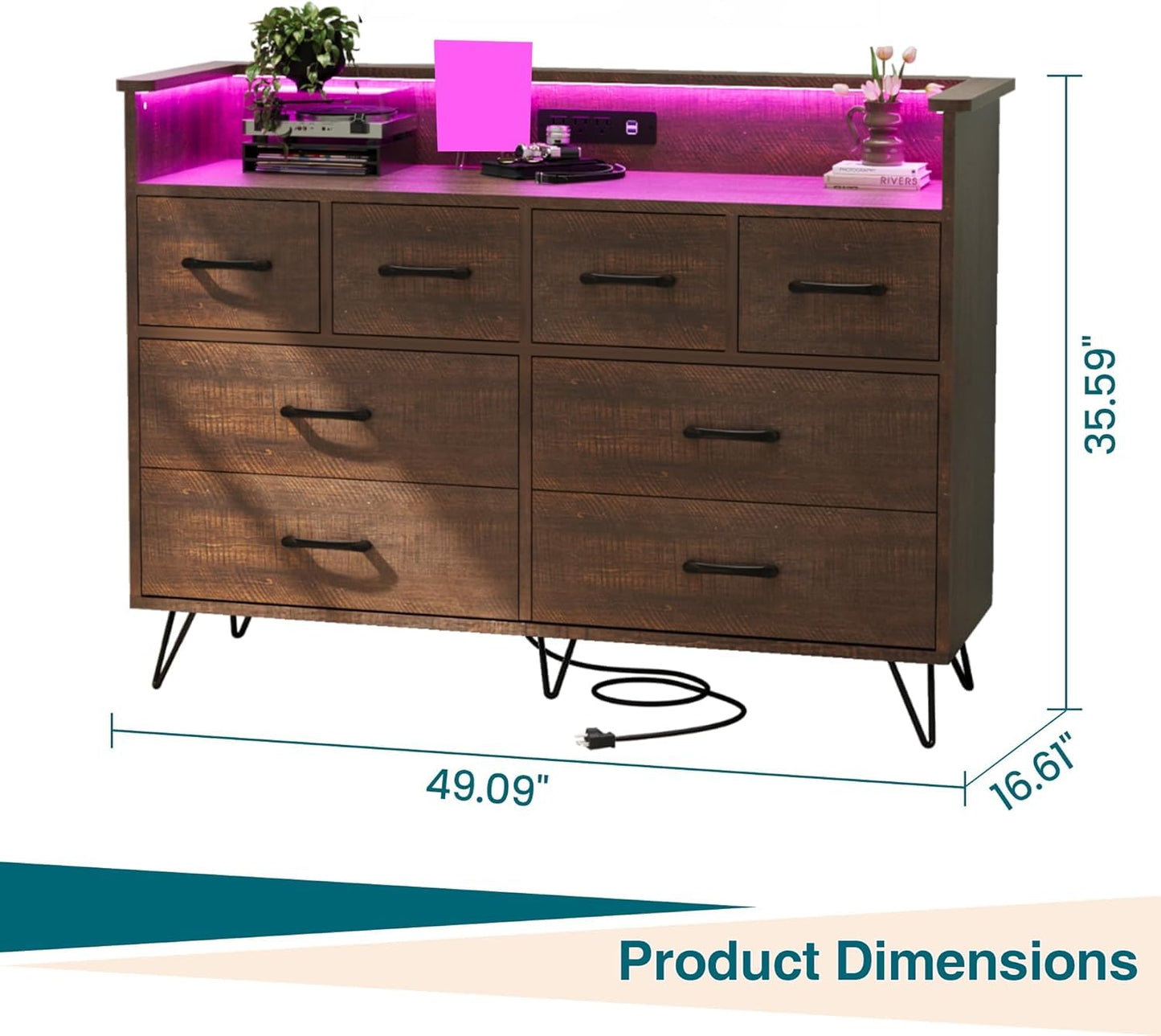 Hetoy Wooden Dressers for Bedroom with 8 Storge Drawers & LED Lights and Charging Station, Brown Wood Chest of Drawers, Modern Deep Drawers Organizer for Closet, Living Room Hallway, Entryway