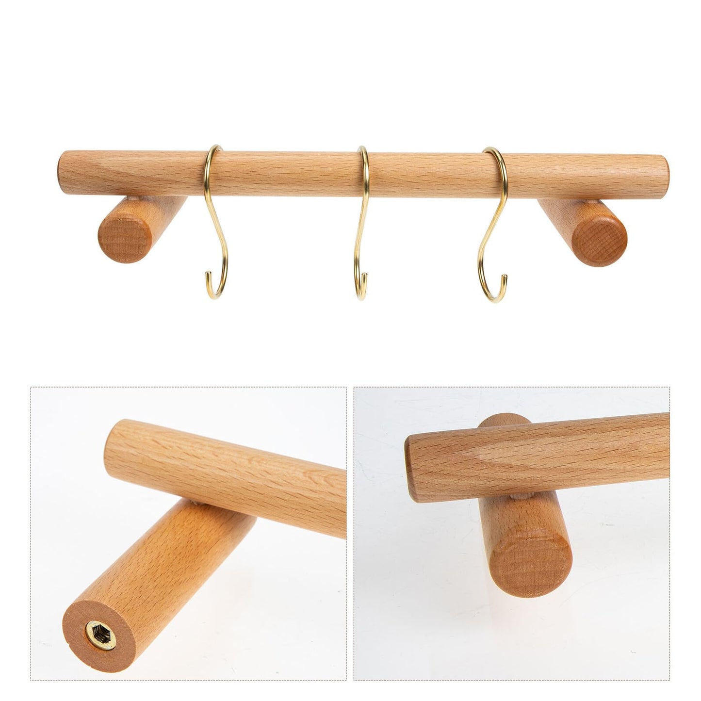 HOMOCONO Wooden Towel Rack Wall-Mounted Bathroom and Kitchen Towel Bar Installation with Brass S-Hooks Corrosion-Resistant Single Rod Holder for Quick Drying