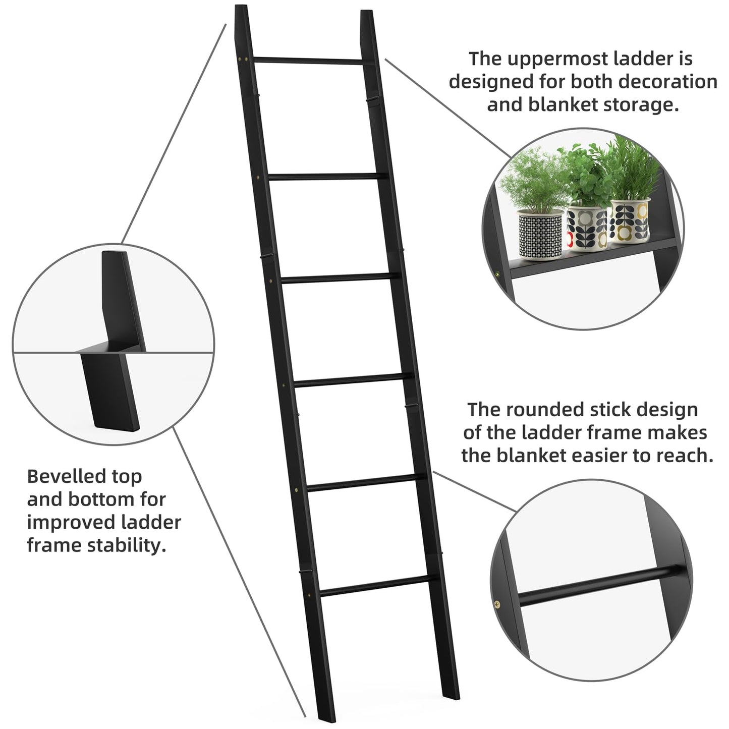 BAMBANG 6-Tier Blanket Ladder for Living Room, Blanket Quilt Ladder Rack Rustic Decorative Towel Holder, Wall Leaning Blanket Ladder Shelf Storage Farmhouse Decor for Bedroom Bathroom, Black
