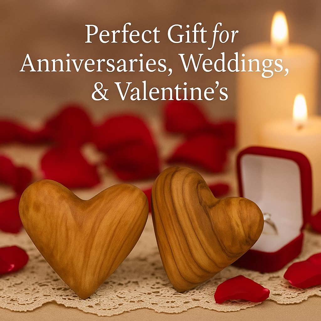 Zuluf Set of 2 Olive Wood Hearts 2 x 2 Hand Carved Wooden Heart Rustic Farmhouse Table Centerpiece Wedding Decoration Valentine Home Gift Sympathy Keepsake Made in Bethlehem w/Certificate