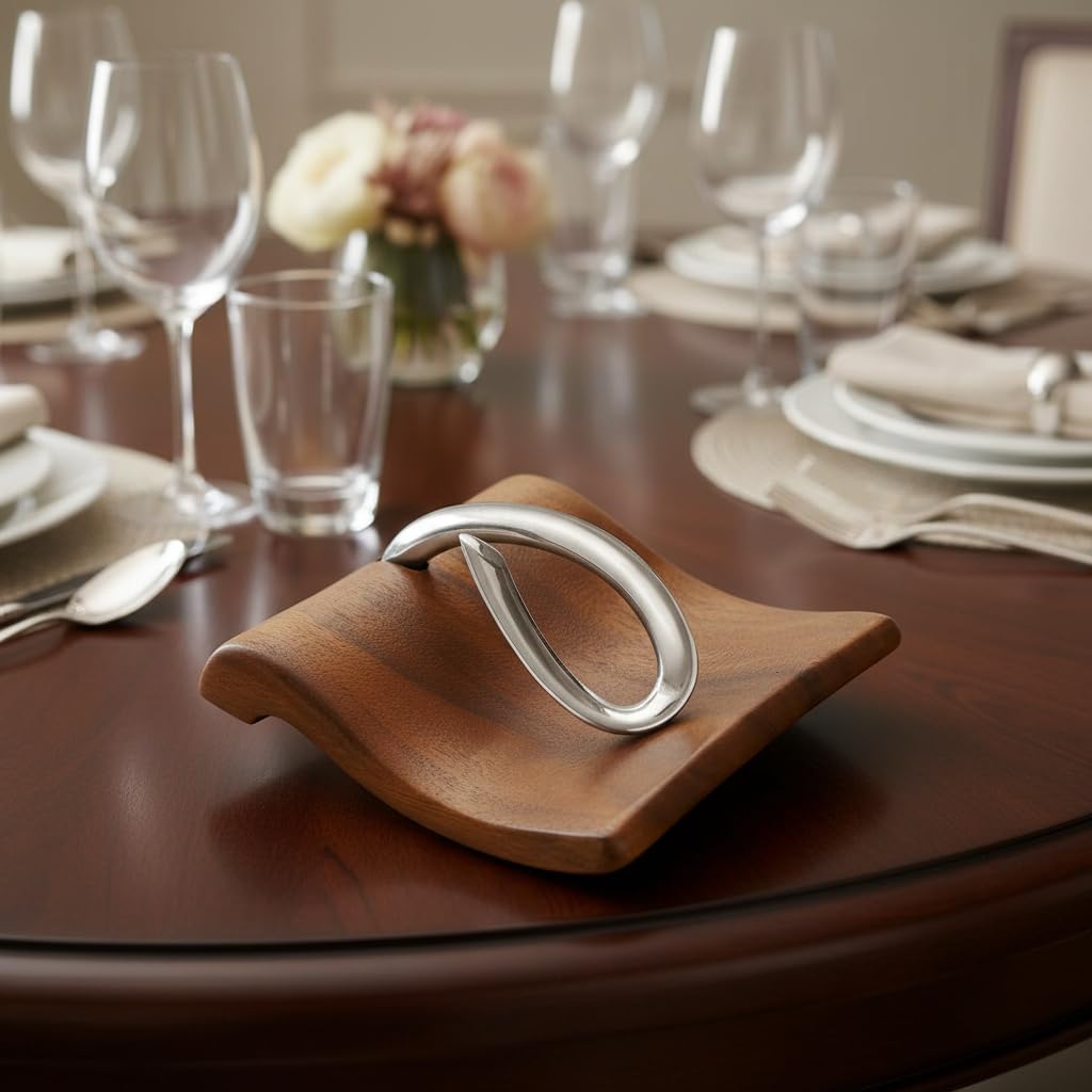 nambe Breeze Napkin Holder | Tabletop Napkin Tray for Parties, Weddings, and Events | Made of Acacia Wood and Stainless Steel | Measures at 9" x 7.5" x 3" | Designed by Neil Cohen