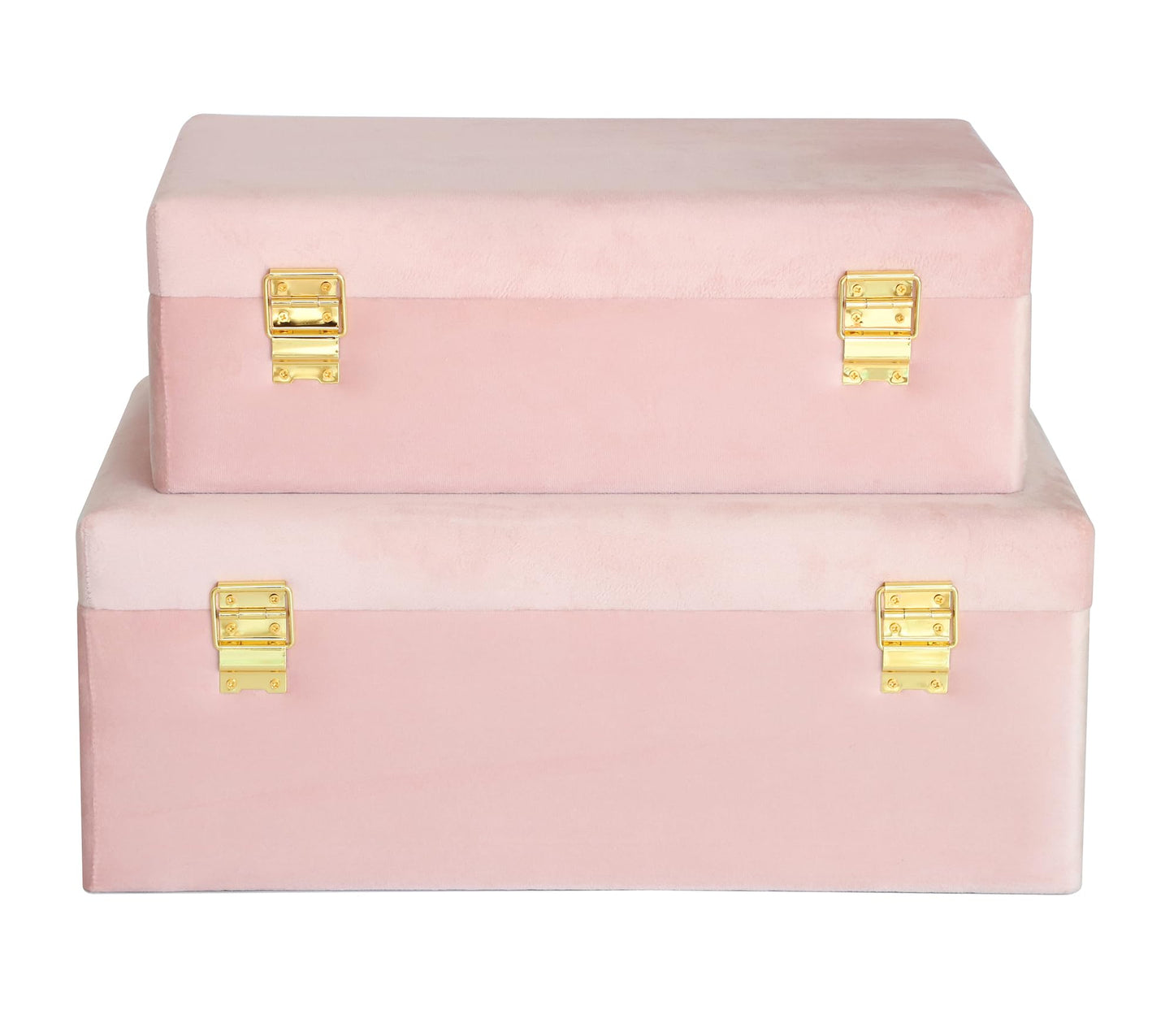 HofferRuffer Velvet Storage Trunks with Wood Frame, Set of 2 Storage Chests with Handles, Bedroom Organizer Nesting Upholstered Decorative Boxes Hinged Lid with Gold Hardware Accents (Pink Trunks)