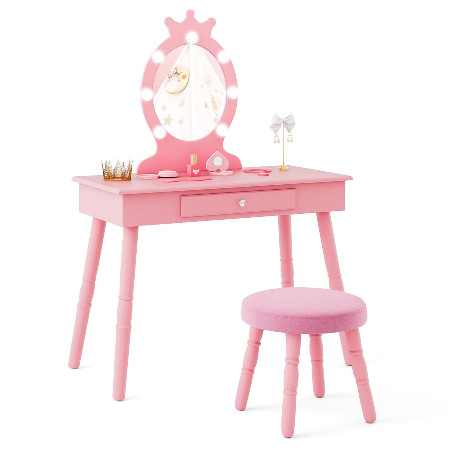 Costzon Kids Vanity, Girls Vanity Set with Mirror and Stool and Lights, Drawer, 2 in 1 Wooden Makeup Vanity Desk Dressing Table, Kids Vanity Table and Chair Set (Pink)