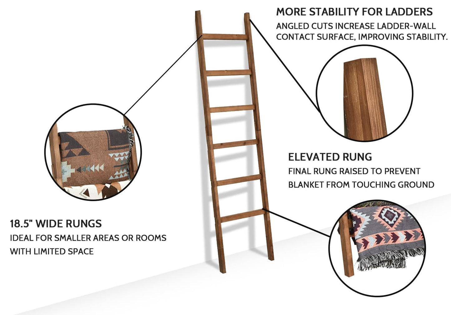 FUIN 6.4ft Extra Wide Wooden Blanket Ladder Living Room Decorative Wal Leaning Farmhouse Quilt Display Holder Rustic Wood Towel Rack for Bathroom, Brown, 18.5 inch Wide