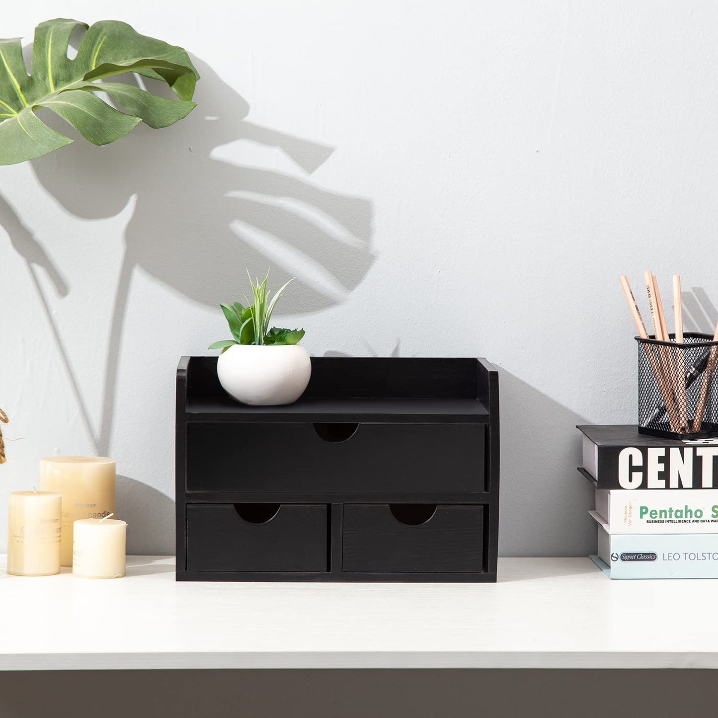 ExoLiry Black Bamboo Desk Organizer Wooden Storage Cabinet 3 Drawers with Shelf Tabletop Organization Box Home Office Workspace Bathroom Toiletries Supplies Caddy Vanity Makeup Stationery Holder