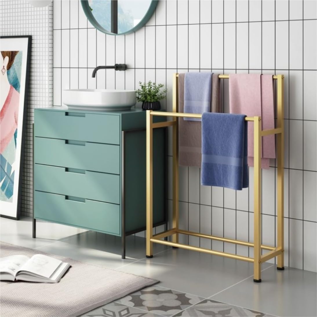 BIOMICE Floor Towel Rack Iron Standing Towel Rack 2 Tier Freestanding Towel Holder Towel Stand for Bathroom Freestanding Towel Racks