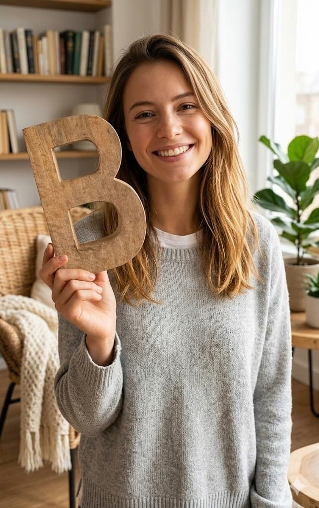 8" Decorative Solid Block Wooden Letters Alphabets Words Natural Finished Wood Freestanding Shelf or Tableware Childrens Baby Names Initials for Bedroom Wedding Birthday Party Home Decor (Letter B)
