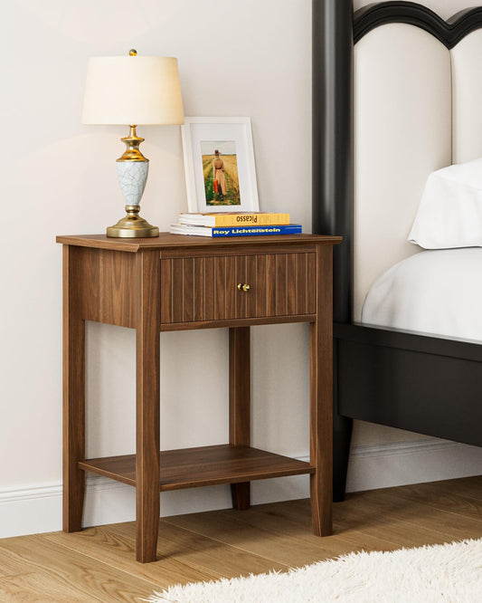 Apetaccat Fluted Nightstand, Farmhouse Night Stand with 1 Drawers, Mid Century Modern Side Accent Table,Bedside End Table for Bedroom, Living Room, Brown