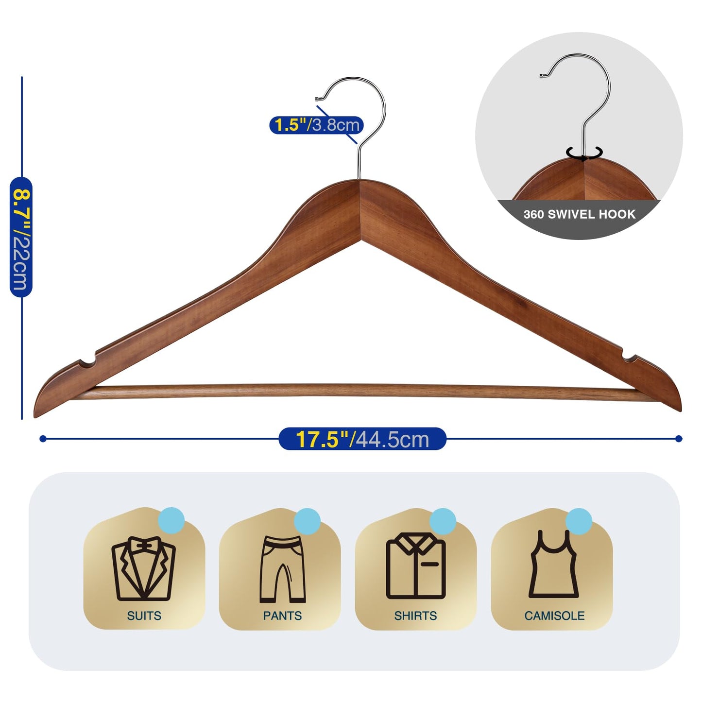 Korpai 30 Pack Wooden Hangers,Wooden Clothes Hangers with Smooth Pant Bar and Shoulder Notches,Heavy Duty Hangers with 360-Degree Rotatable Hook, Coat Hangers for Coats,Shirts,Dress,Pants,Walnut
