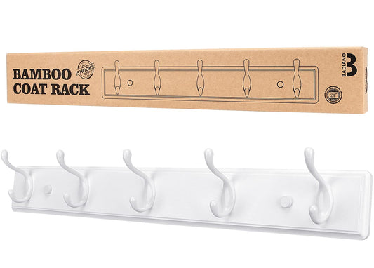 Badiano Wooden Coat Rack, Wall-Mounted Organizer for Closet, Entryway, Hallway, Foyer, Bedroom, Heavy Duty Double Hooks for Hanging Towels, Bags, Hats, Jackets, Key (White, 5 Hooks)