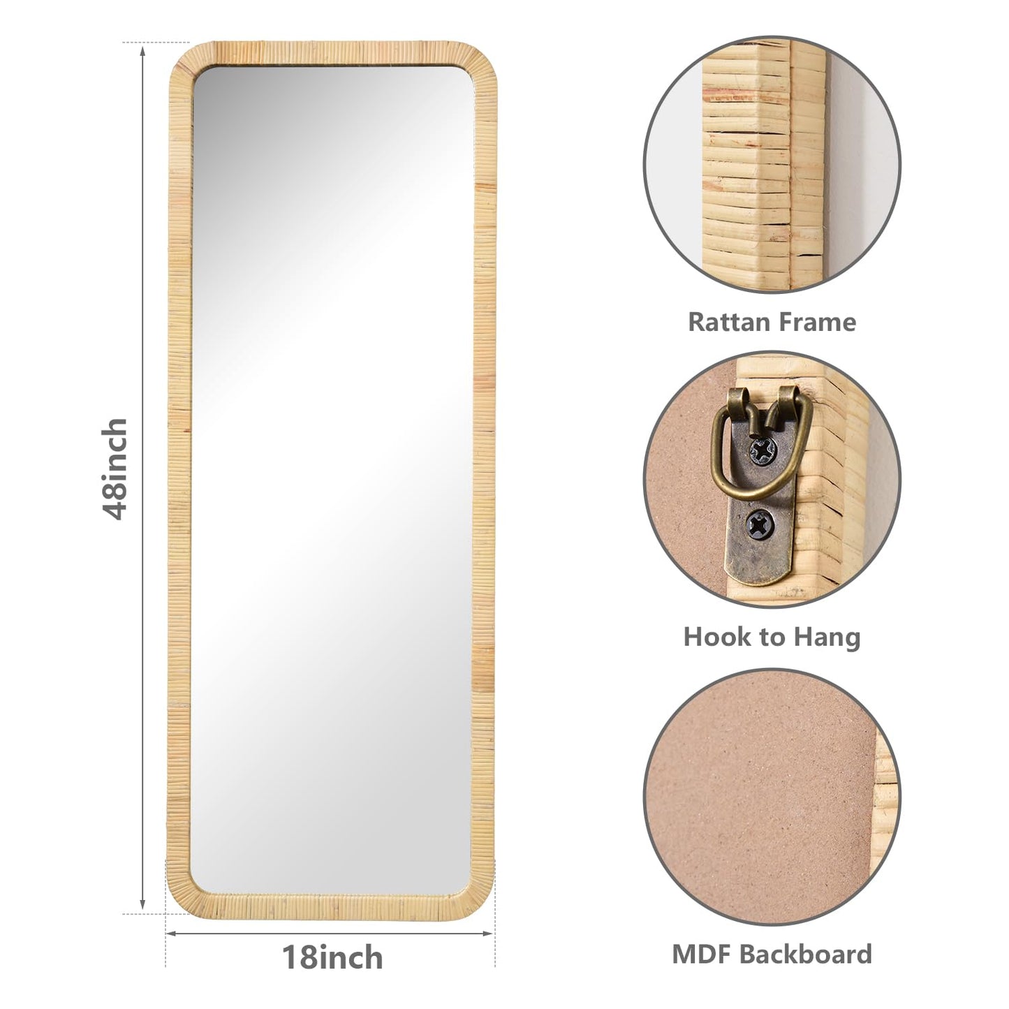 Gumcoly Rattan Mirror 18"x48" Rectangle Long Full Length Mirror Farmhouse Wicker Wooden Framed Full Body Floor Mirror Lean Against Wall for Bathroom Entryway Living Room Bedroom Fireplace Nature