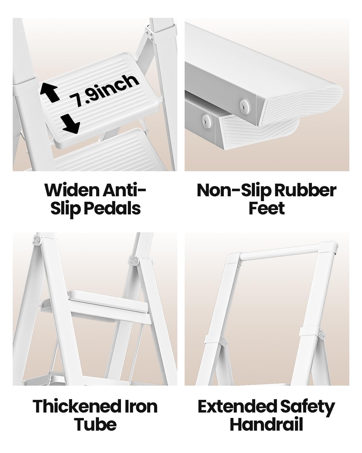 SOLADDER Step Ladder 4 Step Folding Stool with Anti-Slip Widened Sturdy Pedal and Handgrip, Portable and Multi-Use Iron Stepladder for Home, Kitchen, 300 lbs Capacity -Pure White