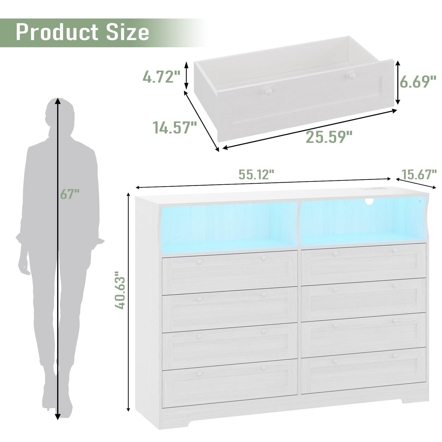GAOMON 8 Drawer Wooden Dressers for Bedroom with Power Outlet and LED Lights, White Wood Chest of Drawers with Deep Drawer, Modern Wide TV Stand Dresser for 55" TV for Bedroom, Living Room, Hallway
