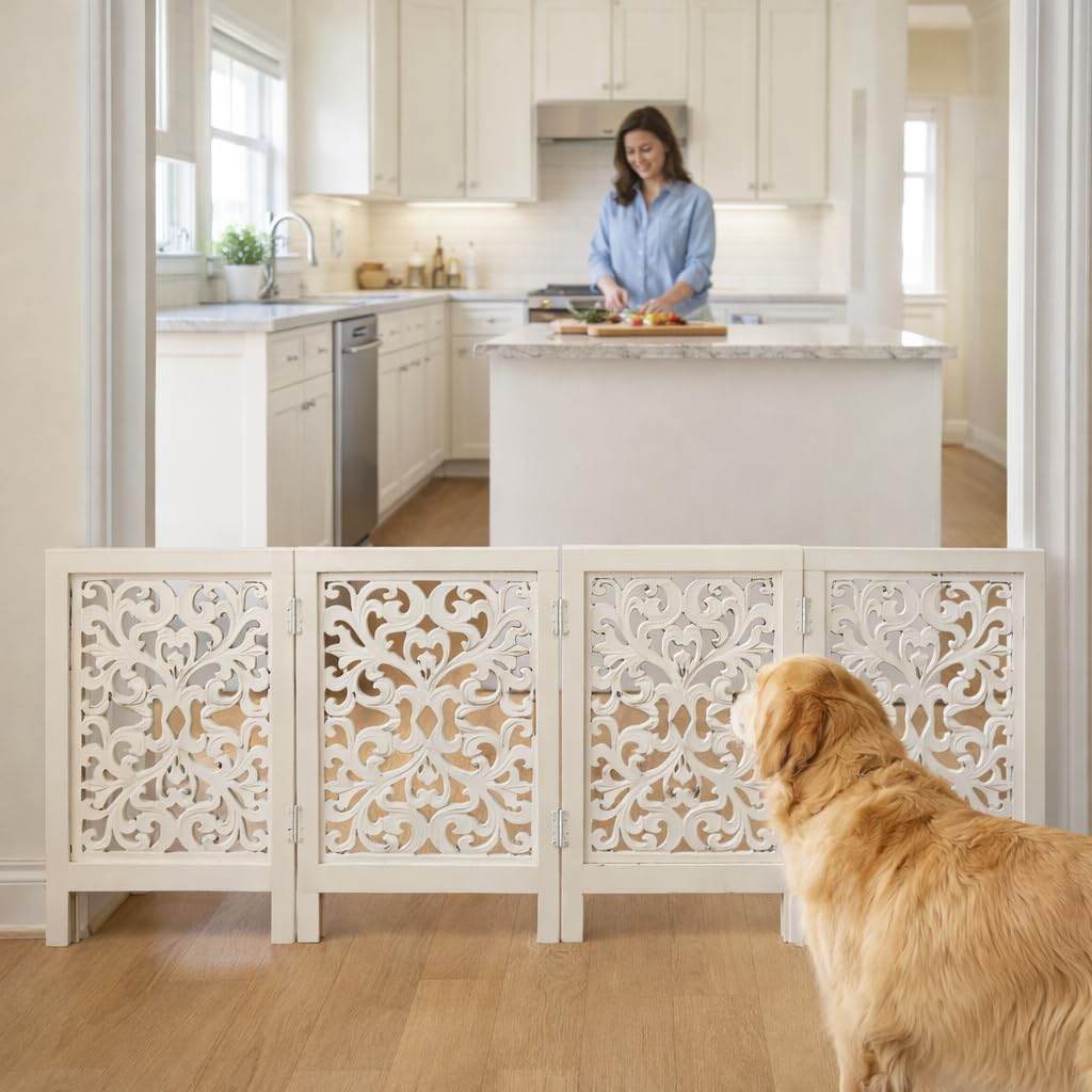 Free Standing Dog Gate – 4 Panel Foldable Wooden pet gate Indoor 72" W x 24" H, Hand-Carved Solid Wood & MDF, Portable Indoor Gate for Doorways, Halls, Stairs – Fully Assembled, Antique White