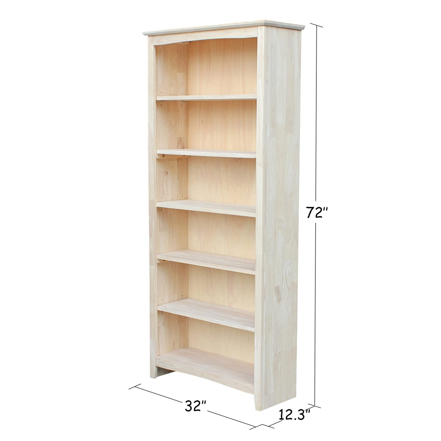 International Concepts Shaker Bookcase 72-Inch Tall, Solid Parawood, 5-Shelf Adjustable Storage Bookshelf for Living Room/Office, Unfinished Furniture