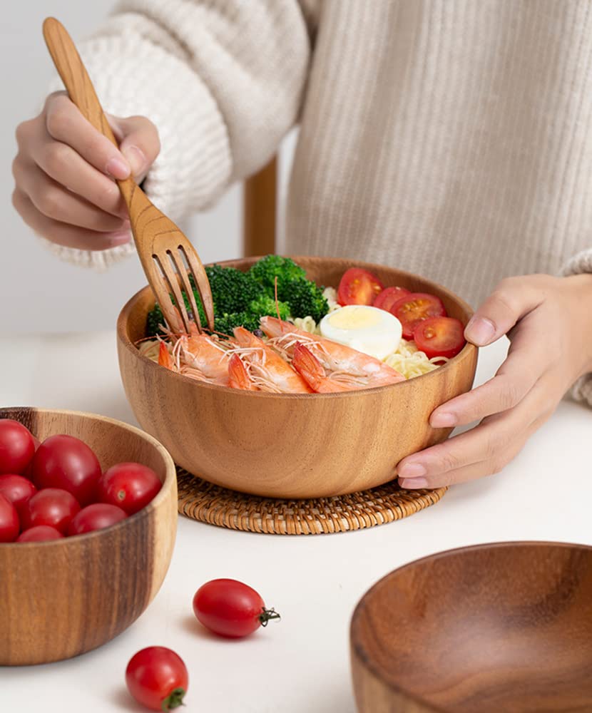 Hand-Crafted From Solid Acacia Wood Salad Bowls 7.1 or 7.9 Inches Set of 2 Individual Large Wood Bowl for Fruits Salads and Decoration Fruit Bowl for Snacks