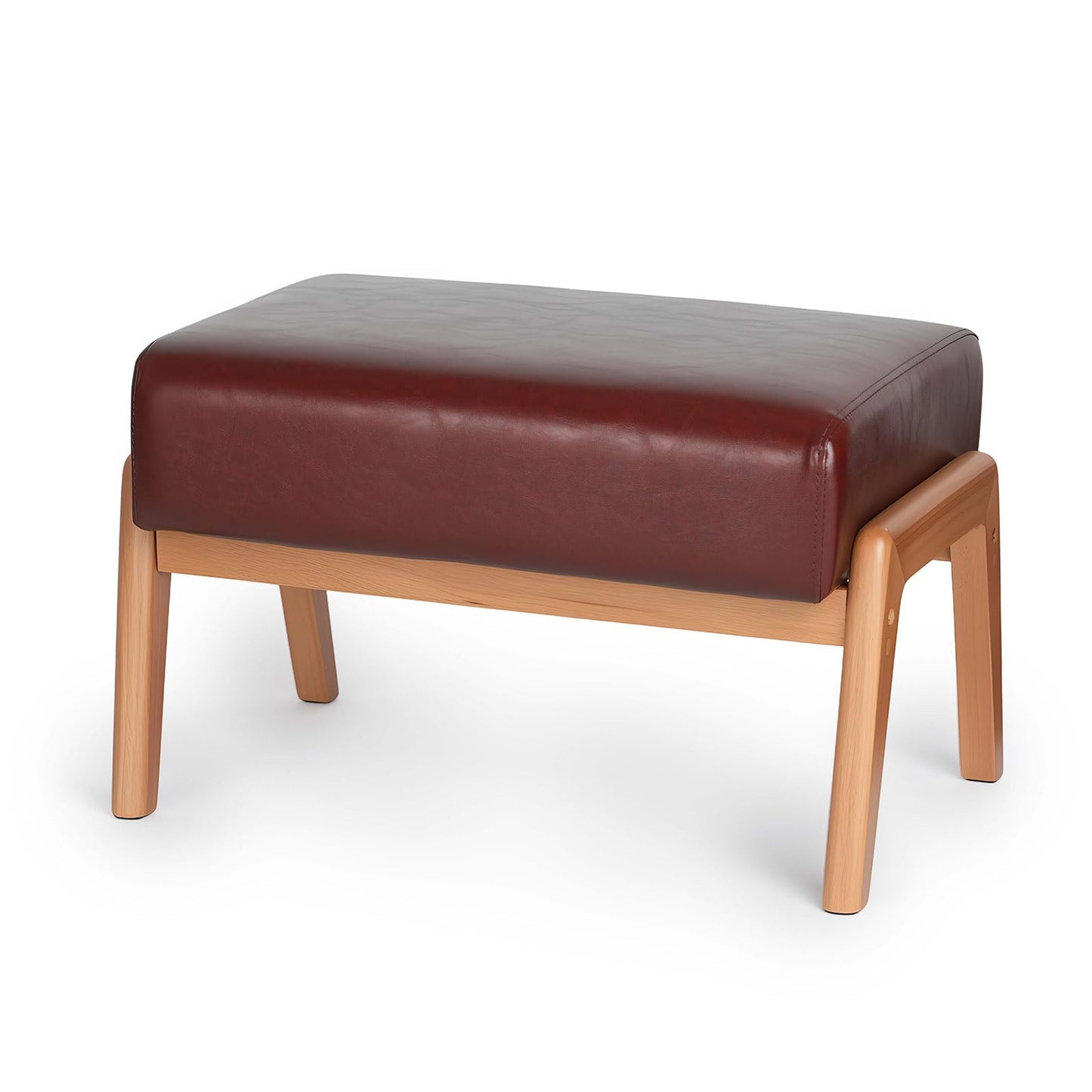 ACONUP Foot Stool, Leatherette Wooden Step Stool, Modern Rectangle Ottoman Wide Vanity Stool with Cushion for Couch Living Room Bedroom Entryway, Brown