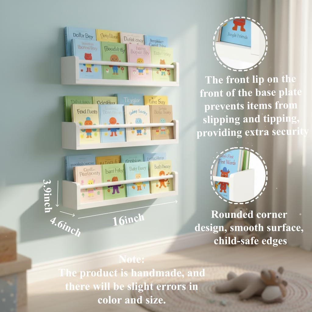 Esonal White Nursery Floating Shelves Set of 3– Wall Mounted Kids Bookshelf & Toy Organizer – 16 Inch Rustic Pine Hanging Display Book Shelves for Bedroom, Playroom, and Baby Decor