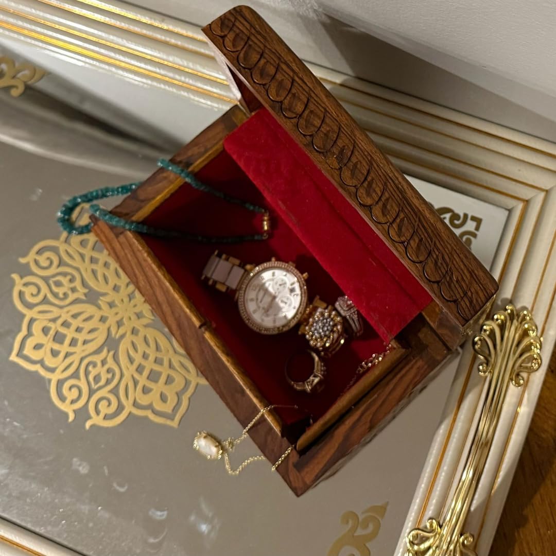 Handcrafted Wooden Jewelry Box – Floral Carvings, Secret Child-Resistant Lock, 7" Tabletop Trinket Holder – Ideal Valentine's Gift for Earrings, Rings, Necklaces, and Keepsakes