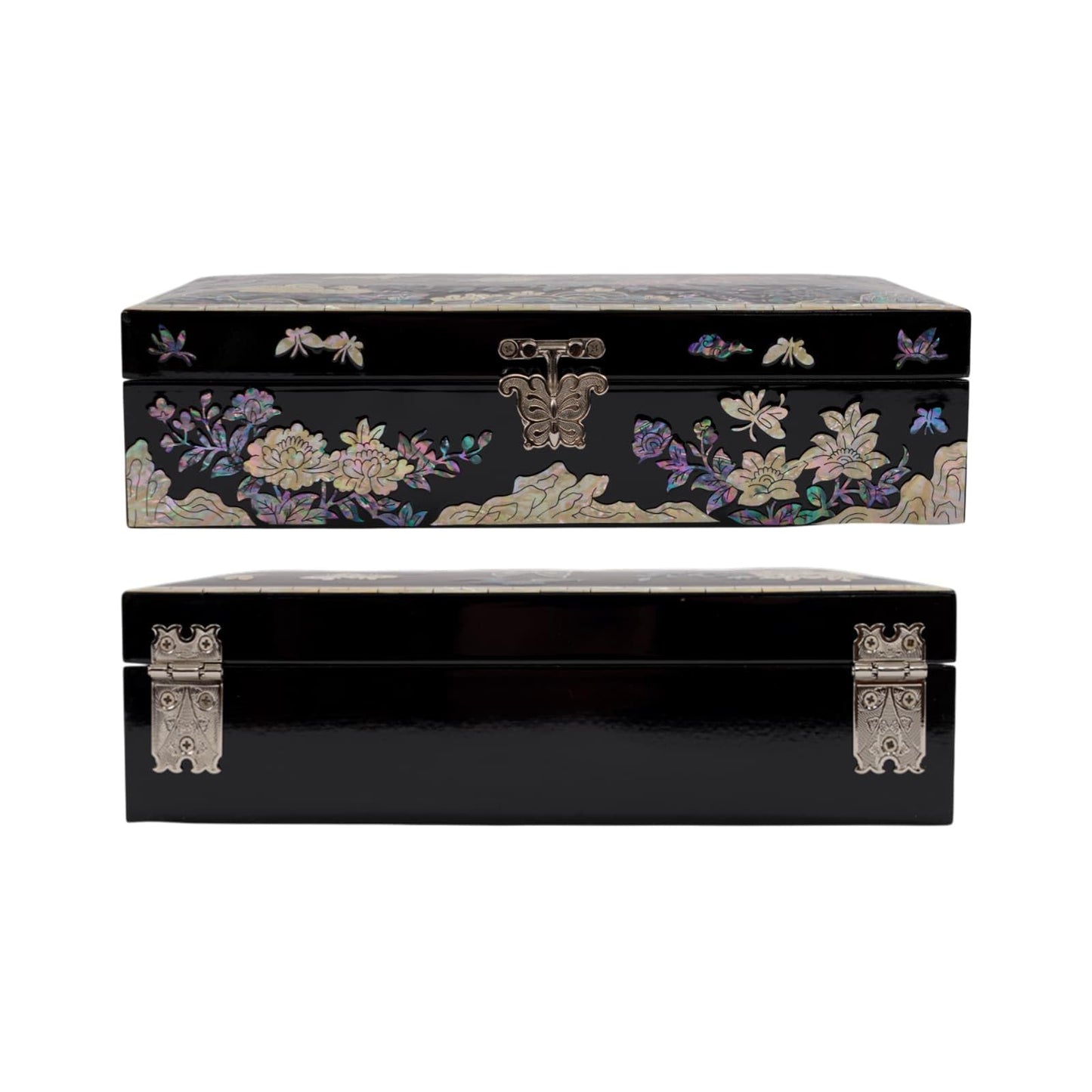 February Mountain Mother of Pearl Jewelry Organizer box - Handmade Large Wooden Box Romantic Anniversary Birthday Gifts for women (Butterflies in Peony Garden)