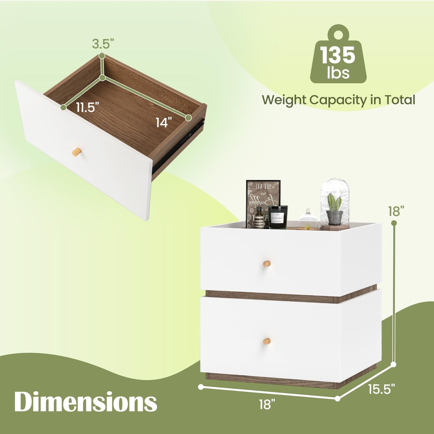 Giantex Modern Nightstand with 2 Storage Drawers, Wooden Night Stand with Raised Edge, Floor Sofa Side Table, 2-Drawer Bedside Table for Bedroom Small Spaces, 18" W x 15.5" D x 18" H, Natural & White