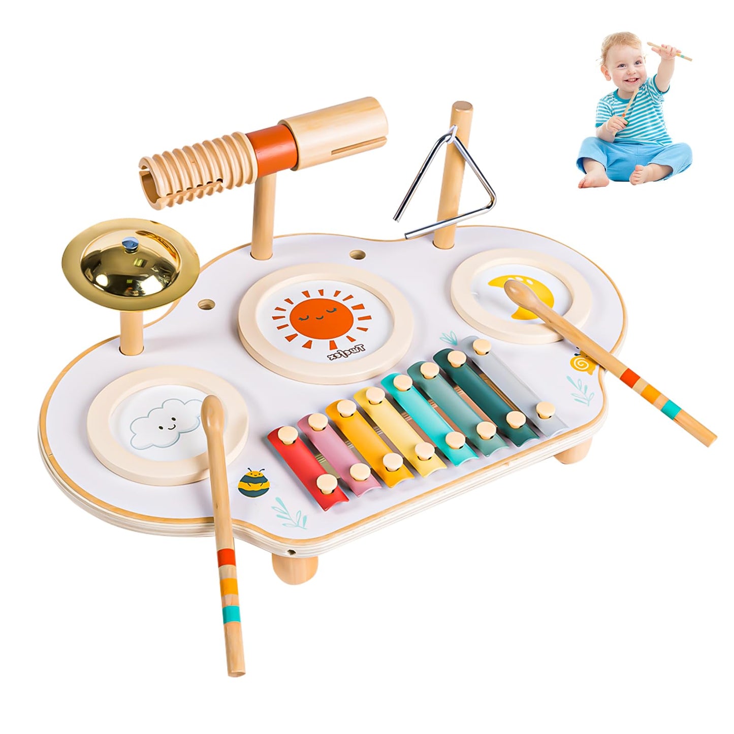 Twefex Kids Drum Set - 9 in 1 Baby Drum Set for Toddlers - Montessori Musical Instruments Toy for Babies - Wooden Xylophone Musical Toys for Boys and Girls