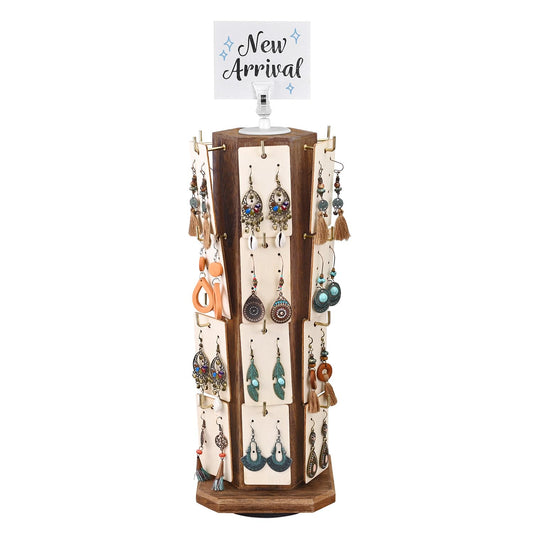 Ikee Design Free Assemble 24 Hooks Wood Hexagon 6 Sided Rotating Jewelry Display Stand Tower for Earrings,Bracelets, Keychain Earring Display Stand for Selling, Showcase, Brown Color