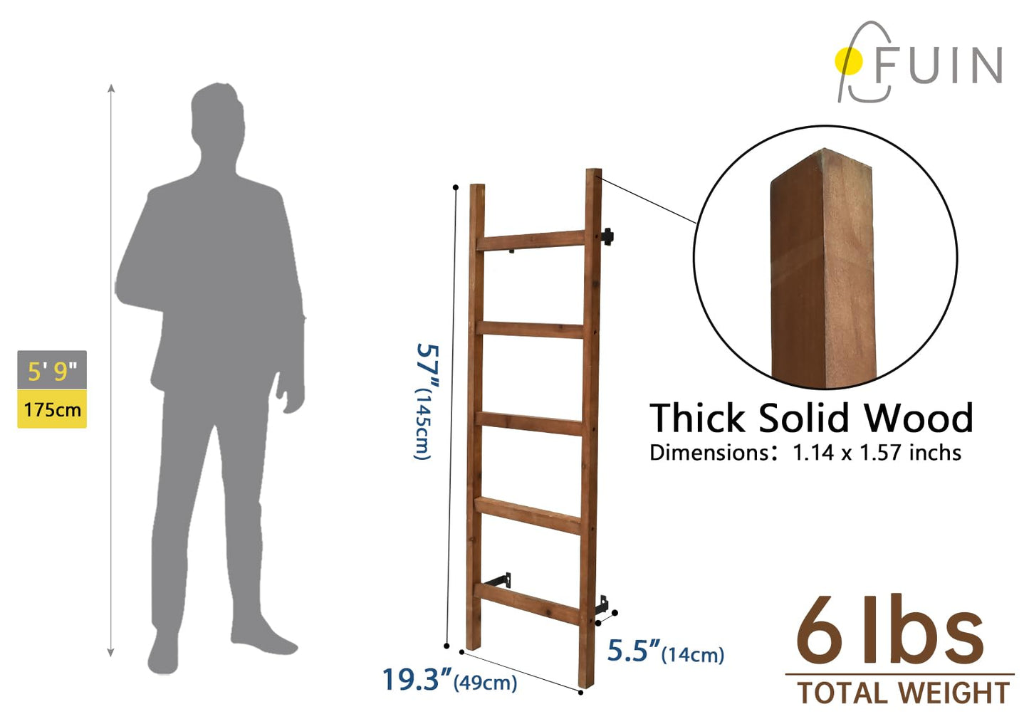 FUIN Wall Mounted 57in Wooden Blanket Ladder Living Room Decorative Farmhouse Quilt Display Holder Rustic Wood Towel Rack for Bathroom, Brown