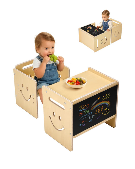 VEVOR Montessori Weaning Table and Chair Set, 3 in 1 Wooden Toddler Table and Chairs with Chalkboard, Adjustable Height Montessori Table for Ages 1-5, Ideal for Drawing, Reading, Eating - Natural