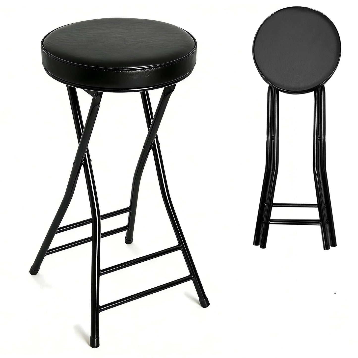 Puclekne Folding Bar Stool,24 Inch Tall Foldable Stool Chair,Counter Height Cushioned Leather Padded Portable Stools,Heavy Duty Collapsible Stools for Kitchen Island Garden Camping Brown