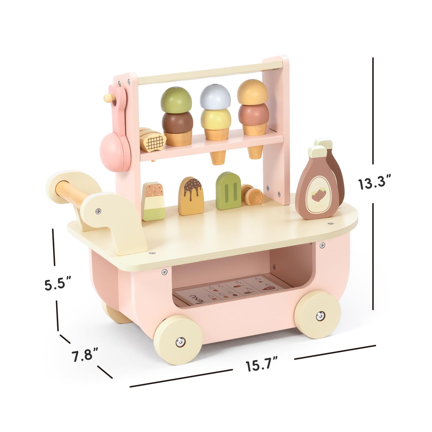 OOOK Wooden Ice Cream Cart for Kids, Ice Cream Truck Toy with Scooper & Wheels, Play Kitchen Accessories for Pretend Play with Menu & Pretend Money, Imaginative Preschool Toys for Girls & Boys 3+