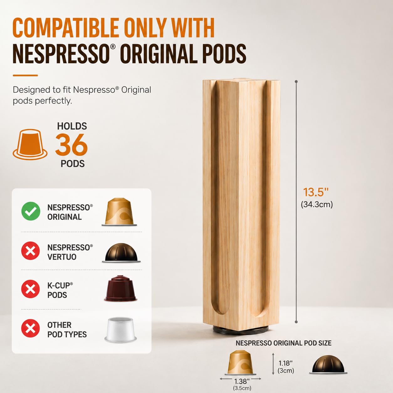 VOMELON Wooden Coffee Pod Holder Compatible with Nespresso Original Pods,Rotating Vertical Carousel Pod Holder Coffee Station Countertop Organizer Storage Rack for 36 Pods