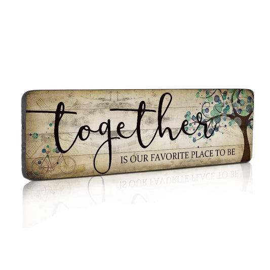 Family Art Decor Inspirational Quotes Wall Hanging Sign - Together is Our Favorite Place to Be - Motivational Home Art Decor Wood Plaque Sign 16"x5"