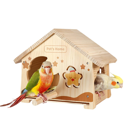 Wooden Bird House with Removable Tray, DIY Paintable Birdhouse for Lovebirds Budgies Cockatiels Conures, Cozy Bird Nest for Indoor Outdoor Use (Wood Tray (Standard))