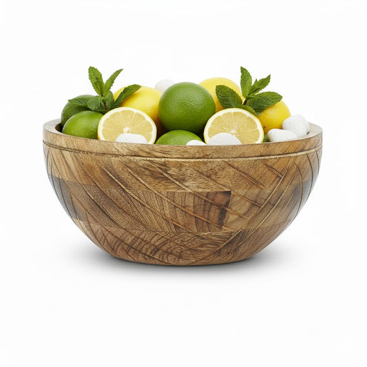 Mela Artisans 9 in Wide x 4 in Tall Mango Wood Bowl with Felt Pads – Hand-Carved Decorative Serving and Fruit Bowl with Light Burnt Finish for Kitchen Counter, Salad, Snacks and Bread