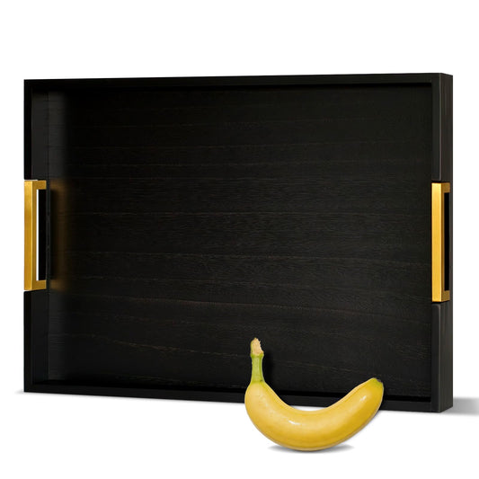 OurMiao 22" x 15.75" Black Wooden Serving Tray with Golden Metal Handles, Large Rectangular Wood Ottoman Tray for Living Room, Coffee Station, Ottoman Table