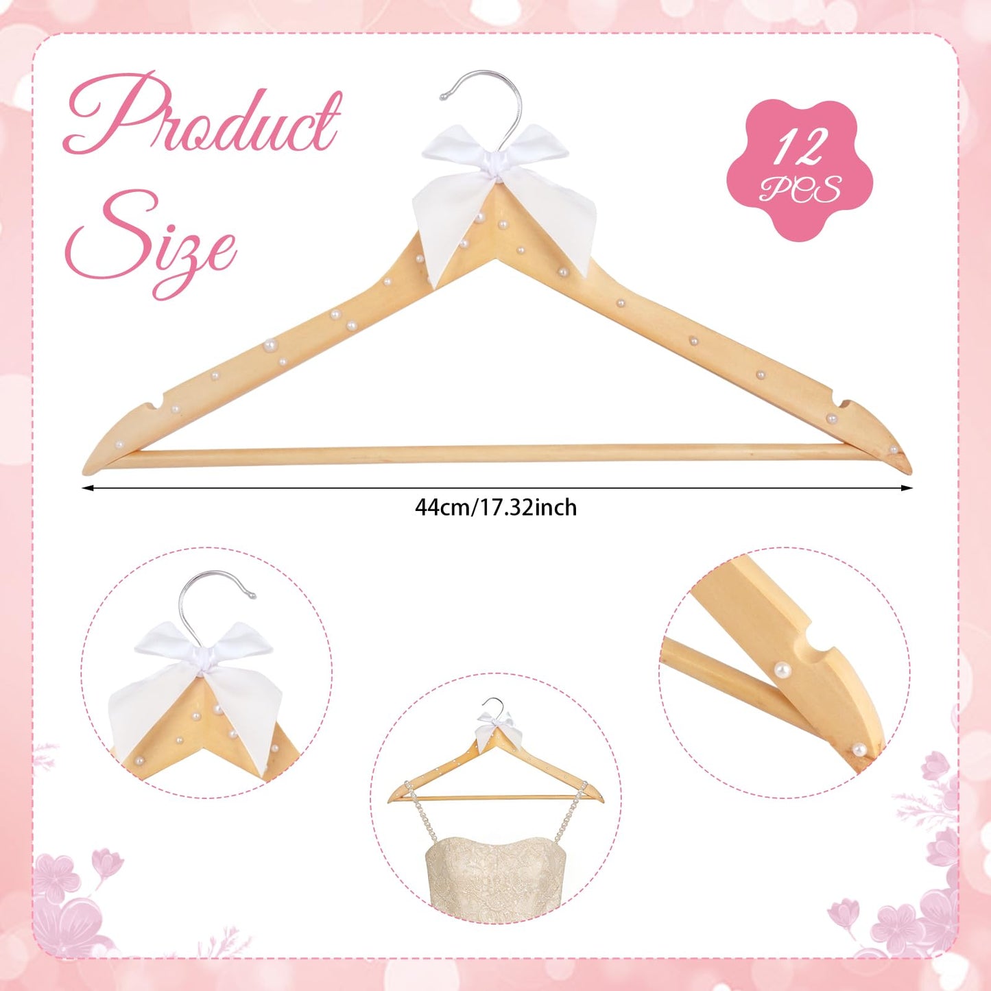 PEDOBALI 12 Pcs Bridesmaid Hangers Wooden Dress Wood Color Elegant Ribbon Pearl Hanger for Bride Groom Bridal Shower Wedding Photo Keepsake Tuxedo Party Gift