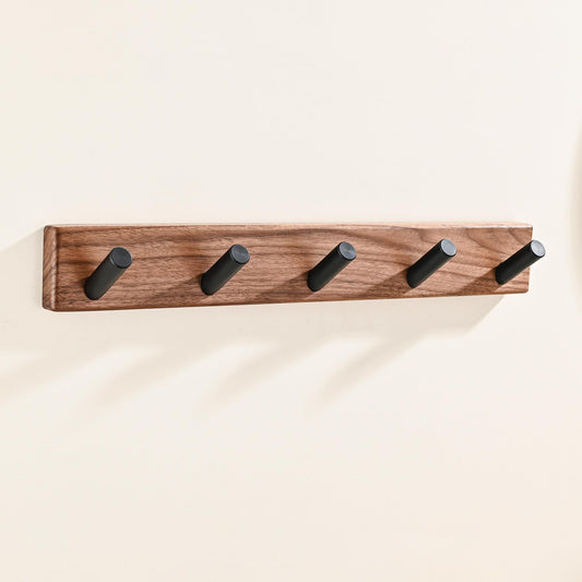 LECHYN 17.3" Small Wooden Coat Rack Wall Mounted with 5 Pegs Hooks, Entryway Wall Hooks Coat Hanger for Hanging Towel Jacket Clothes Hat Backpack Shoe Purse Key Holder Hook Rail by Black Walnut Wood