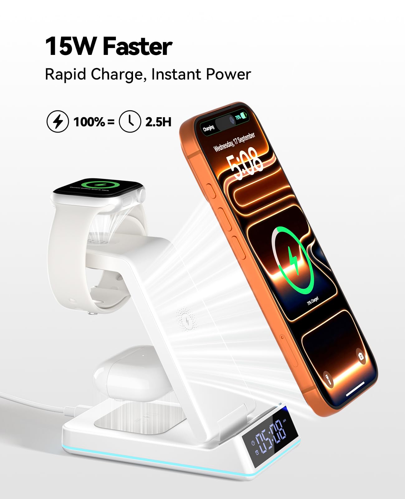 2026 Upgraded Wireless Charging Station, 7 in 1 Wireless Charger Station Foldable Charger Stand with Night Light/Alarm Clock for iPhone 17-12 Pro Max Plus, Apple Watch, AirPods Gifts for Fathers Day