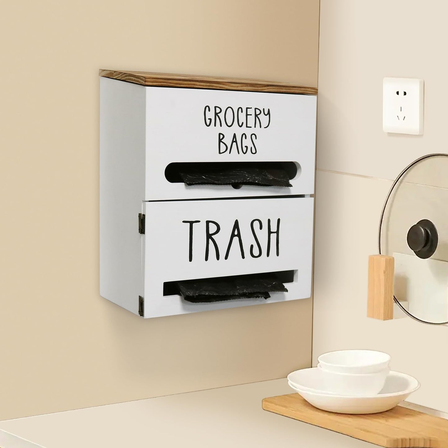 Liuceny 2 in 1 Trash Bag Dispenser, Double Wall Mounted,Wood Trash Bag Holder, used in kitchen, garage, laundry room, can store Environmentally friendly food bags and garbage bags (White)