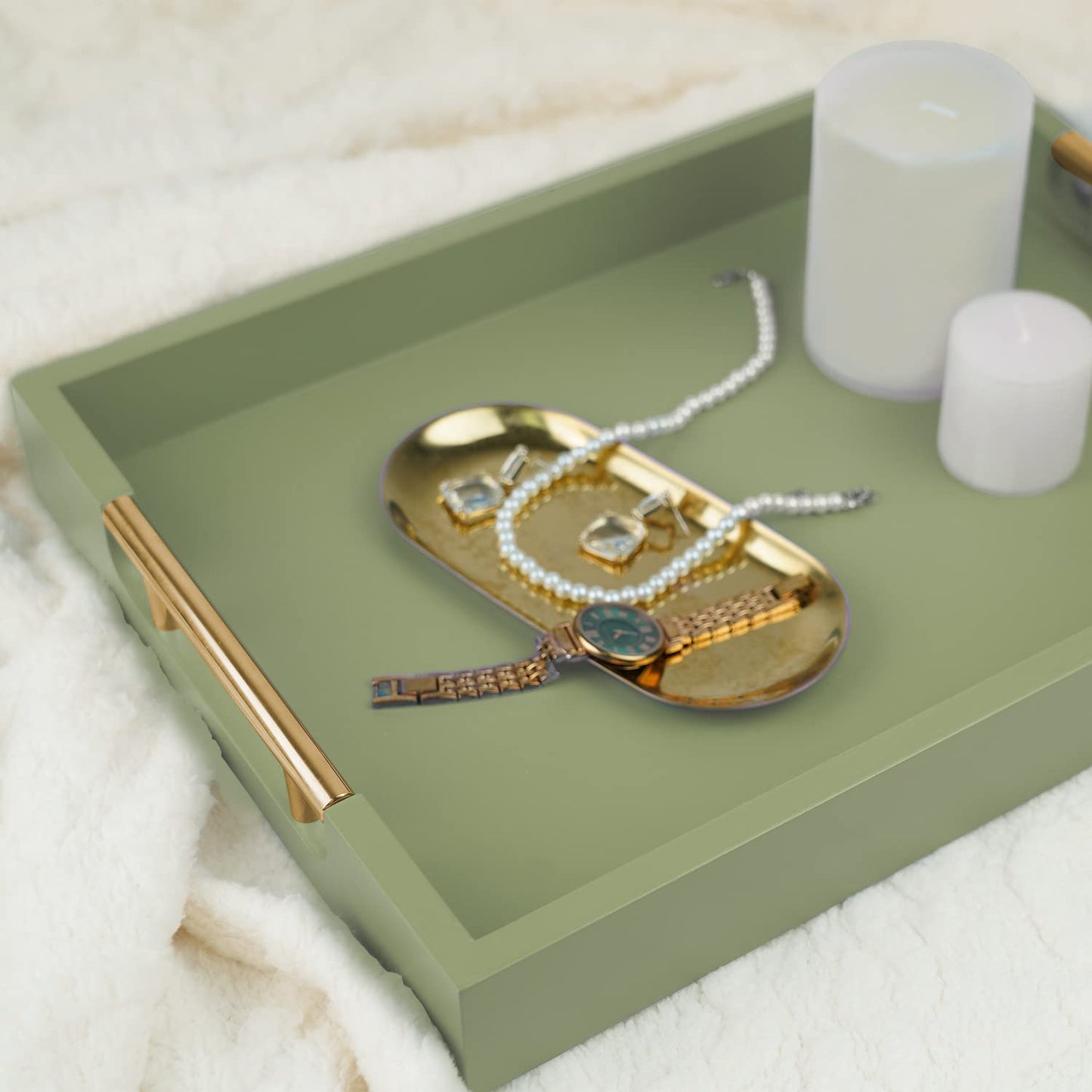 NELONY Wooden Decorative Coffee Table Tray, 16" Serving With Handles, Matte Finish, Ottoman for Living Room, Perfume, Vanity Dresser Organizer (Olive Green)
