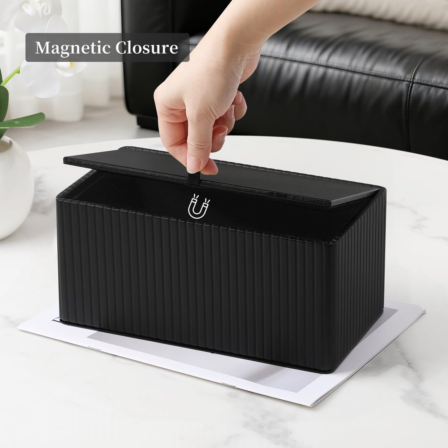 MEIBOOCH PU Leather Tissue Box Cover for up to 3.9" High Boxes, Rectangle Tissue Box Holder for Bathroom Bedroom Living Room Office (Black)