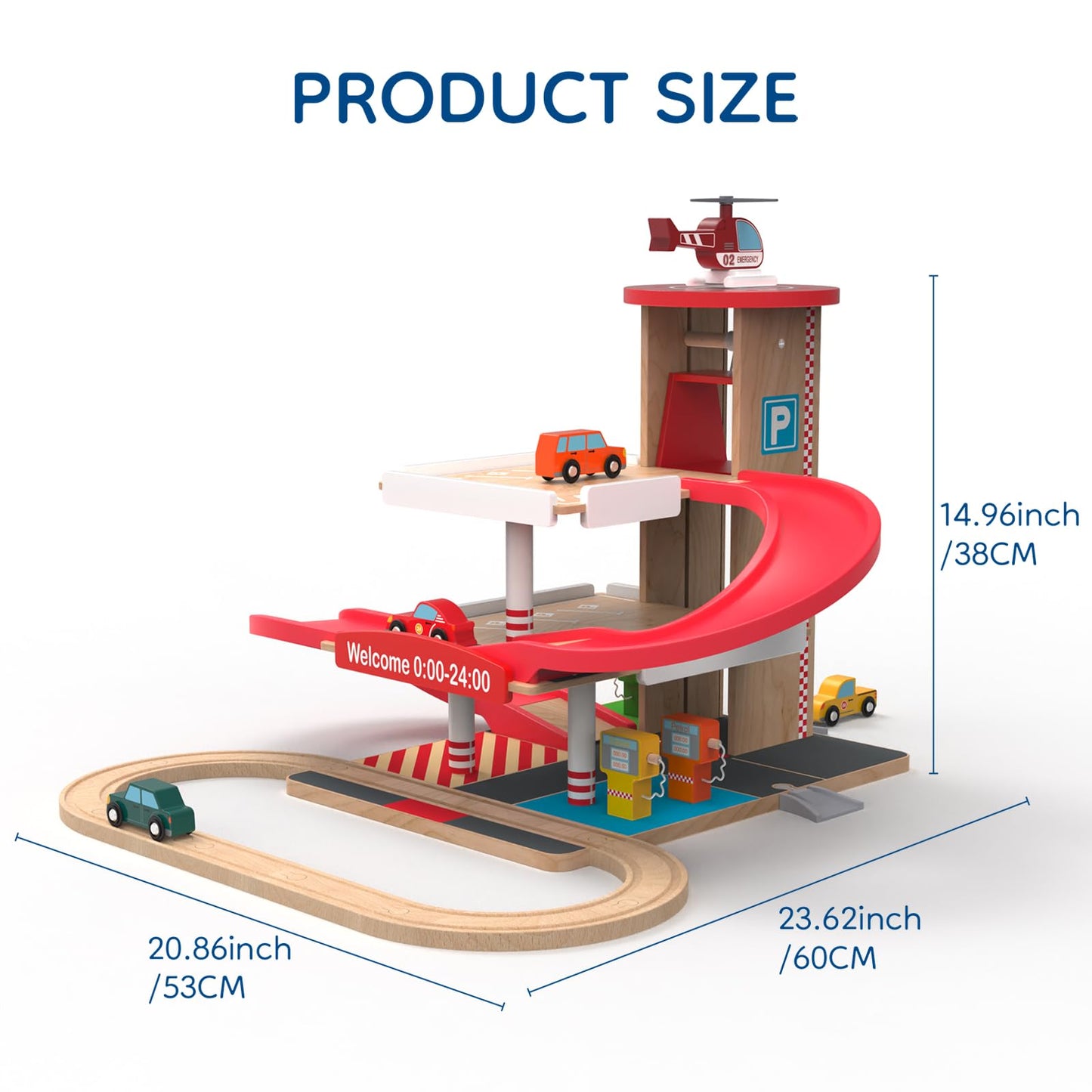 Letoiz Toy Car Garage with Rails, Wooden Parking Garage Toy Playset w/Elevator & Robot Walkie Talkie for Kids, 2 Pack Wooden Handheld Walkie-Talkie for Boys and Girls