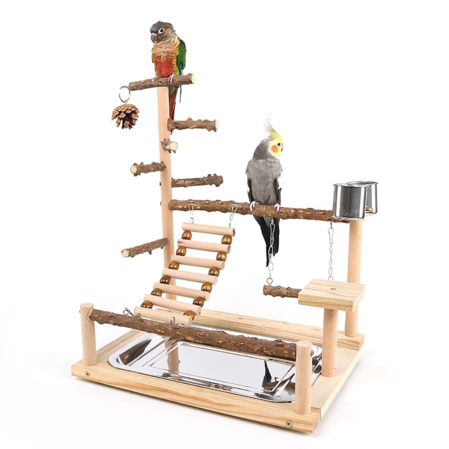 RoseFlower Bird Playground, Parrots Wooden Playstand, Birdcage Playground Play Gym Parakeet Playpen Ladder with Feeder Cup and Tray, Bird Toys Swing Exercise Toy