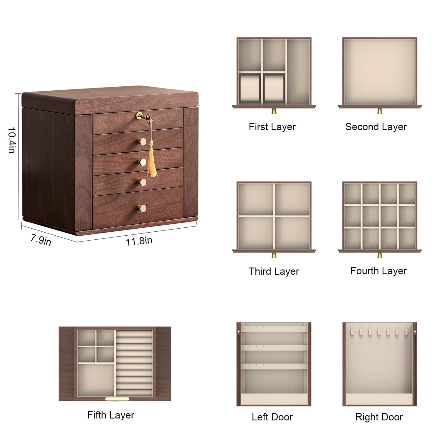 CHOSIN Black Walnut Wooden Jewelry Box for Women with Mirror, 5 Drawers and 2 Side Doors for Watches, Necklaces, Rings, Earrings Storage, Ideal Gift for Her, Fathers Day Gift