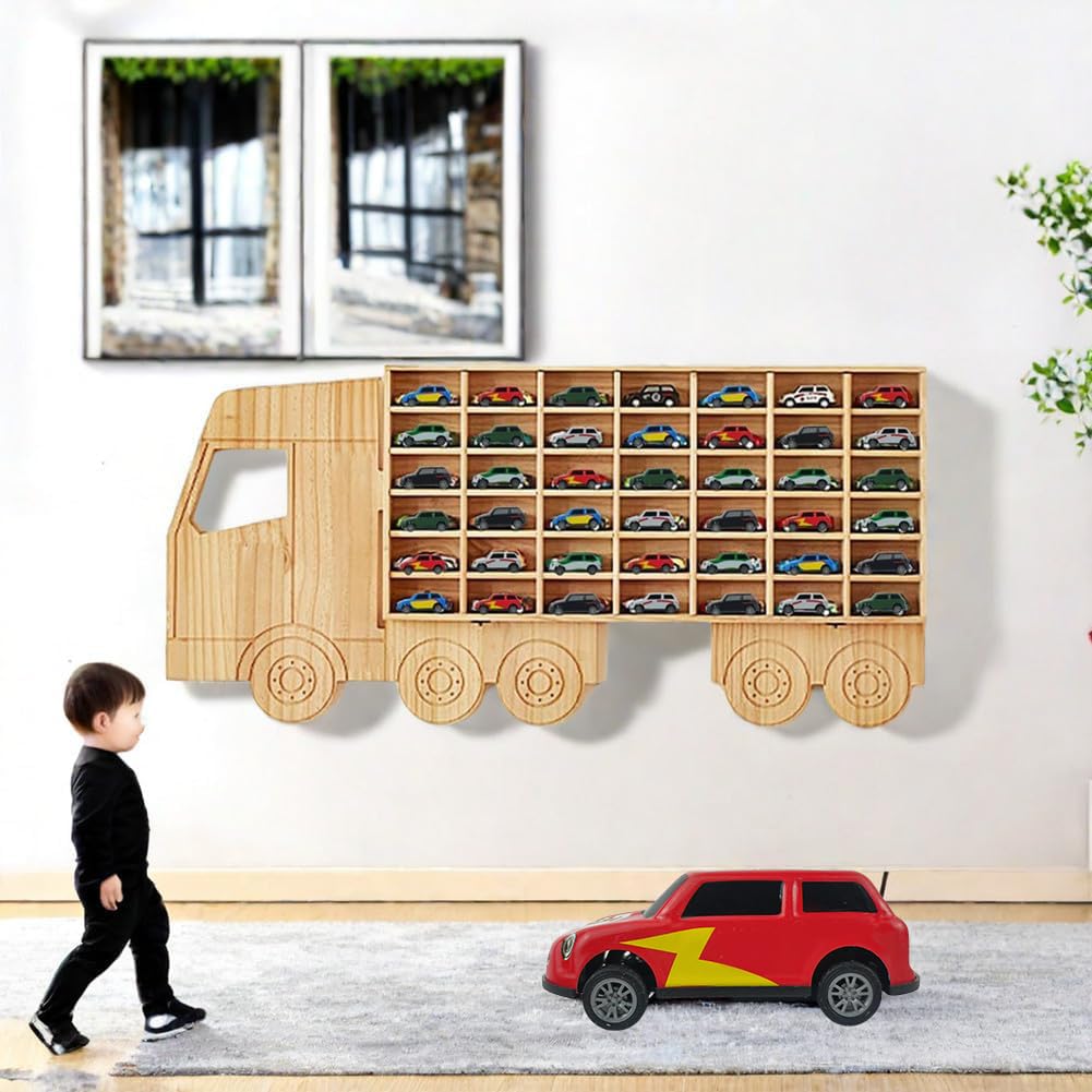 Wasaiggon Wood Toy Car Display Rack, Holds 42 Diecast Cars Model Car Display Case 1/64 Scale Toy Cars Organizer Freestanding or Wall-Mounted Toy Car Storage Cabinet
